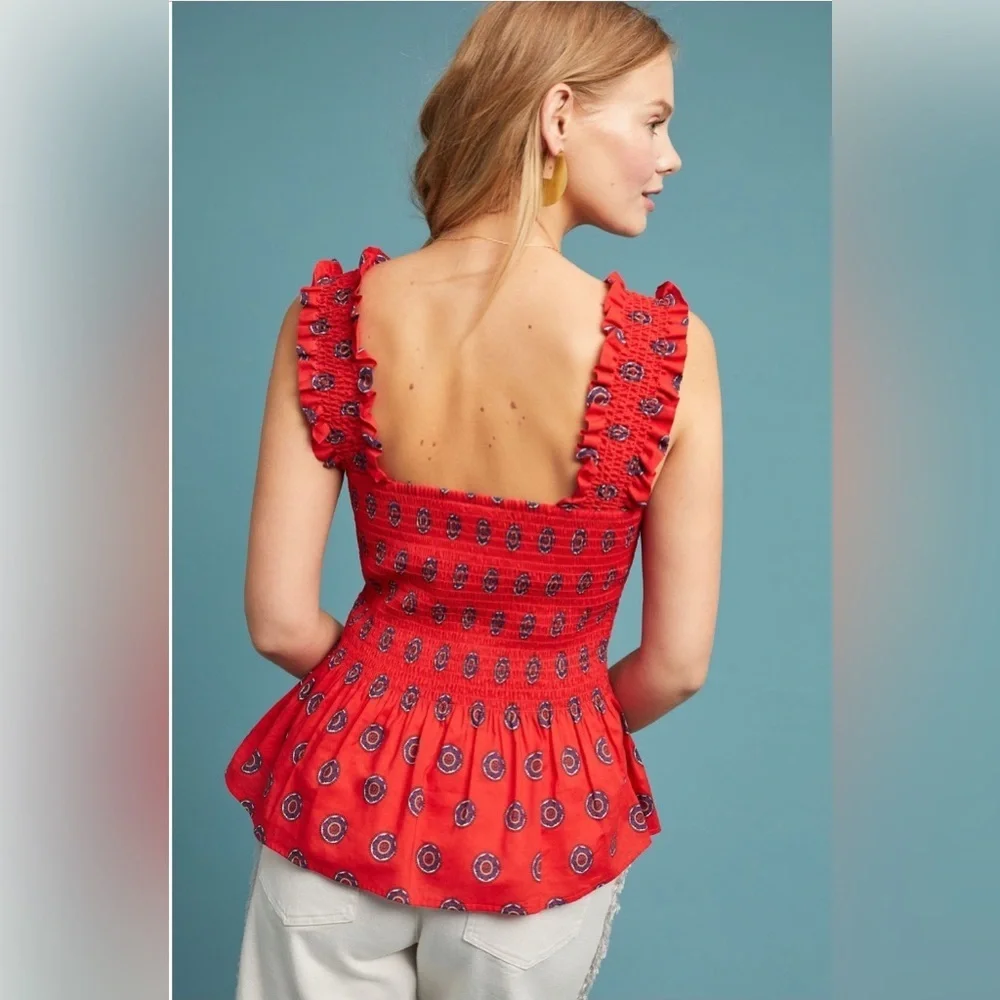 Maeve by Anthropologie “Avila Peplum Top” smocked tank top blouse in bright red! - Picture 2 of 7